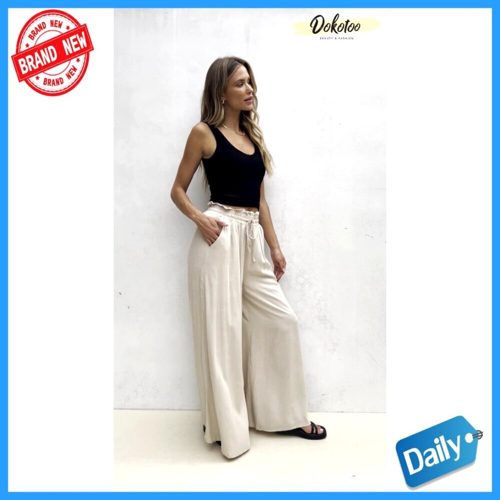 Women's Elastic Waist Wide Leg Pants with Pockets Casual Comfort - Picture 7 of 7